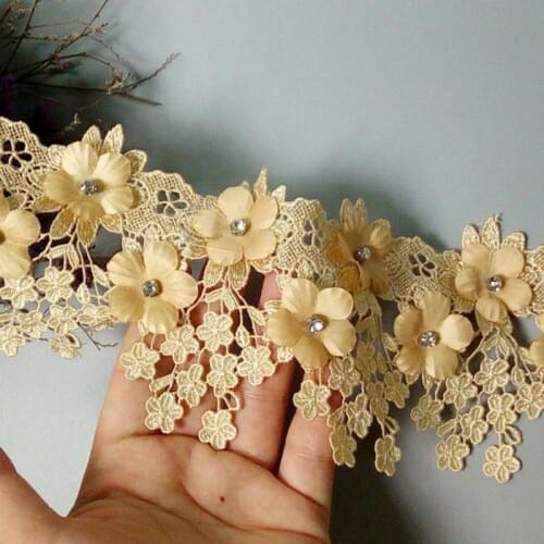 1 Yard Gold 9cm Pearl 3D Flower Tassel Lace Trim Ribbon Fabric Embroidered Applique Sewing Craft Wedding Dress Clothes New Hot