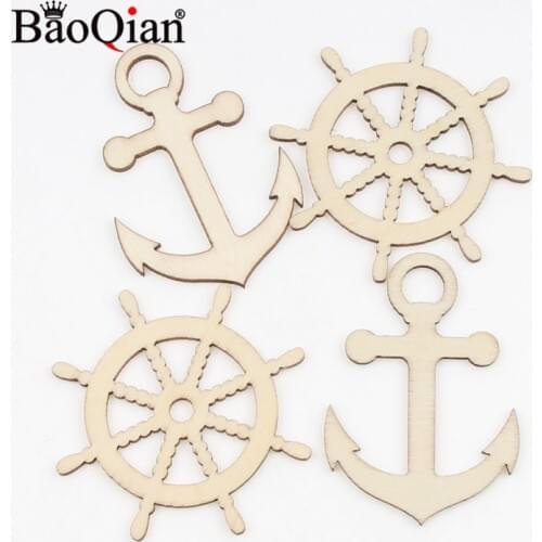 10Pcs Natrual Anchor Rudder Shape Wooden Ornament DIY Crafts Home Decoration Scrapbooking Wood Slices Handmade Accessories 60mm