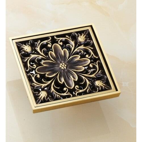 Antique Brass Art Carved Flower Floor Wast Grate Floor Shower Drain