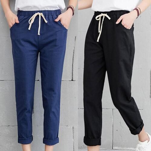New Women Casual Spring Autumn Big Size Long Trousers Solid Elastic Waist Cotton Linen Pants Ankle Length Solid Color Haren Pant