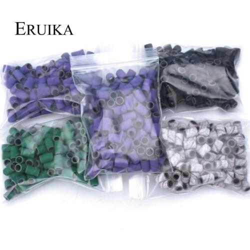 ERUIKA 100pcs Purple Green Sanding Cap Bands for Electric Nail Drill Bit Accessories Gel Polish Manicure Remove Pedicure Tool