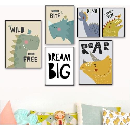 Kawaii Cartoon Dinosaur Wall Art Canvas Nursery Dream Big Poster Print Painting Nordic Decoration Picture Baby Boy Room Decor