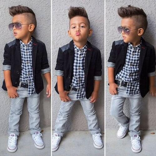 2019 New Boy Clothes Set 3 Pcs Children Clothing boys Set Black Outerwear+Plaid Shirt+Jeans Pants Autumn Kids Clothes sets