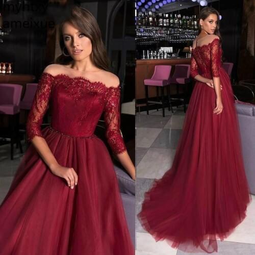 Long Sleeve Red Prom Dresses 2020 Beaded With 3/4 Sleeves Illusion Neck Vestido Gala Dress For Women Lace Formal Party Gowns