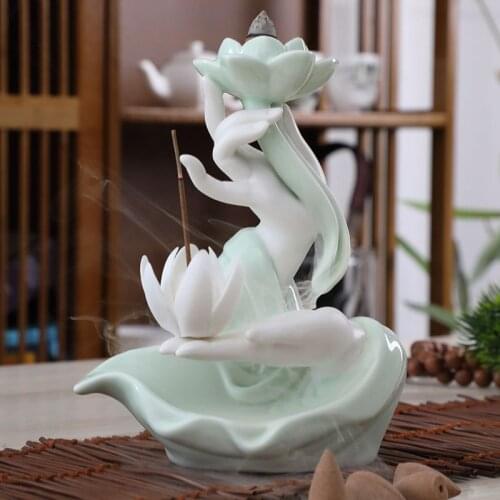 Bergamot Lotus Smoke Waterfall Backflow Incense Burner Creative Celadon Ceramic Fountain Incense Holder Home Decor