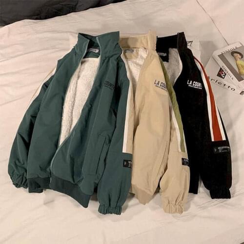 Mens Lamb wool Jacket mens winter plus velvet thick padded coat handsome light up street top Korean trend high street hip hop