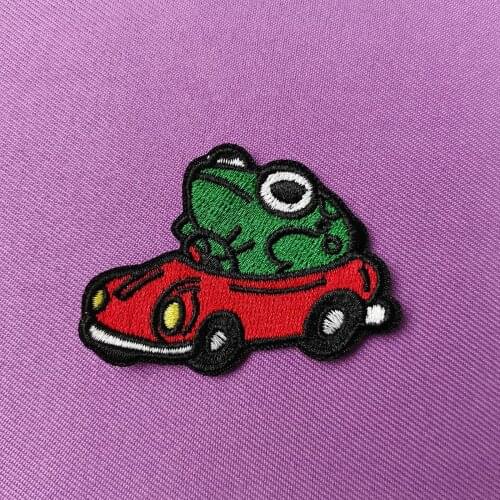 Red Car with Frog Iron on Patches for Clothing DIY Embroidery Badges Cute Cartoon Accessory Custom designs Kids Bag Hat Applique
