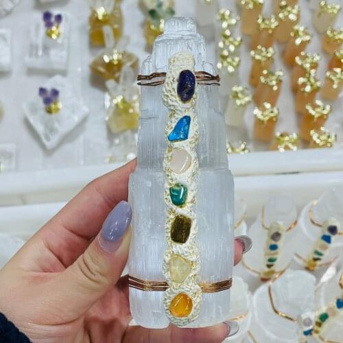 Natural White Selenite Seven Chakra Lamp Crystal Mountain Ornaments Gypsum Quartz Rough Minerals Healing