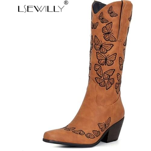 Lsewilly 2021 New Cowboy Boots Ethnic Butterfly Embroidery Chunky Heels Autumn Women Shoes Knee High Riding Equestrian Boots