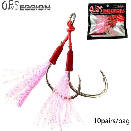 10 set/lot 1/0 2/0 3/0 4/0 Assist Barbed hooks High Carbon Sea Fishing Slow Jigging Hook With Thread Feather Solid Ring PE Line