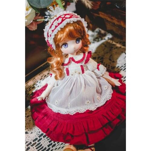 BJD doll clothes suitable for 1/3, 1/4, 1/6 size maid doll dress red and white Mosaic Daisy doll accessories