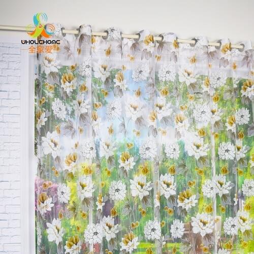 Window Curtain White&Yellow Floral Printed Burnout Transparent Sheer For Home Living Room Screening Voile Fabric 1PCS/Lot