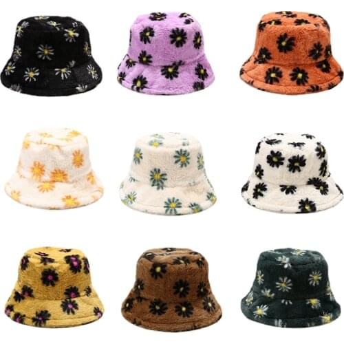 Winter Bucket-Hats for Women Warm Flower Print Panama Hat Fashion Bob Chapeau Fur Rabbit Soft Fisherman Cap