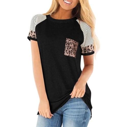 Casual Women T-shirt O Neck Short Sleeve Pocket Leopard Stripes Patchwork T shirts tee tops for women female