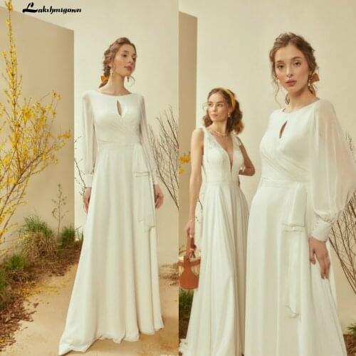 Simple A Line Chiffon Wedding Dress V Neck Long Sleeves Bohemian Bridal Dress Elegant Robe de mariee Plus Size