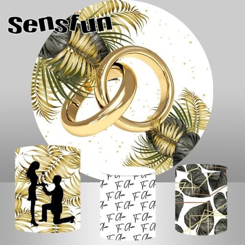 Sensfun Propose Marriage Wedding Party Round Backdrop Cover Green Leaves Gold A Pair Of Rings Background Plinth Covers Custom