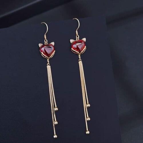 Cute Fox Tassel Earrings For Women Fashion Party Jewelry Accessories Chinese Style Lovely Red Gem Long Pendant Drop Ear