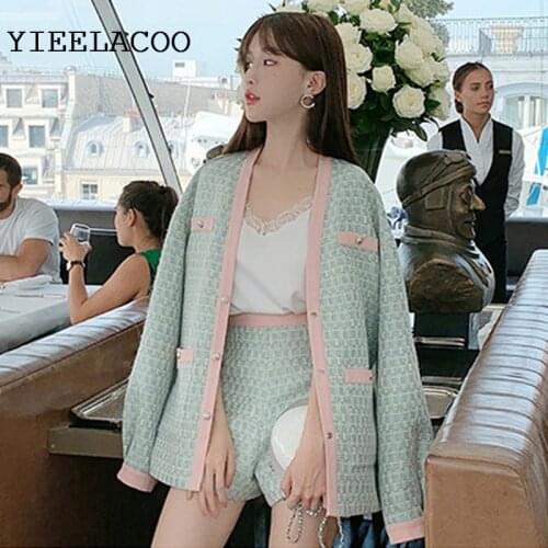 Tweed jacket + shorts suit Green autumn / winter womens jacket Business ladies 2 piece shorts suit