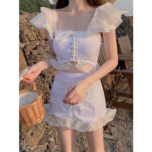 STOCK Womens Swimsuit Split Ruffle Fairy Fan Cover Belly Show Thin Hot Spring Conservative White Swimsuit 2021 NEW Sizes M-XL