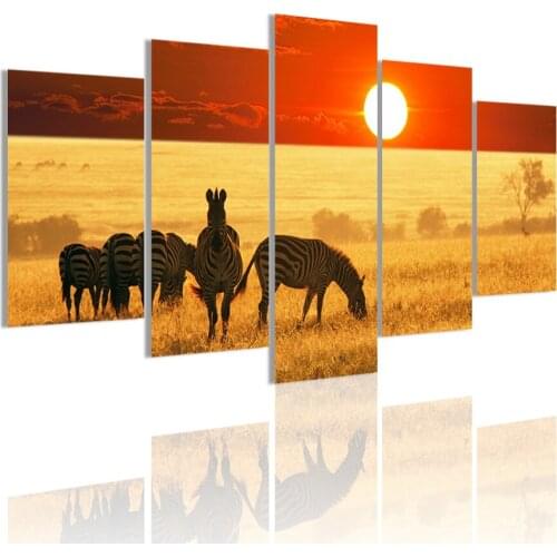 Zebras Herd Dusk Landscape 5 Panels HD Canvas Painting Posters Wall Art Print Picture for Living Room Interior Home Decor Frame
