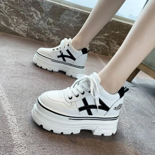 Spring High Platform Boots 8 CM High Heel Women Thick Sole Shoes Leather Wedge Sneakers Waterproof Breathable Casual Shoes