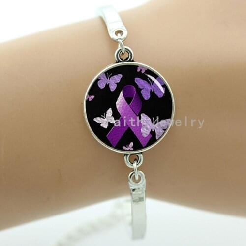 Charming purple awareness ribbon pattern bracelet romantic butterfly dragonfly girl women handmade jewelry wedding gift T491