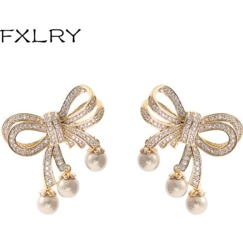 FXLRY Rose gold color micro-set zircon Solid bowknot earrings tie ribbon pearl fringe earrings for women wedding Jewelry