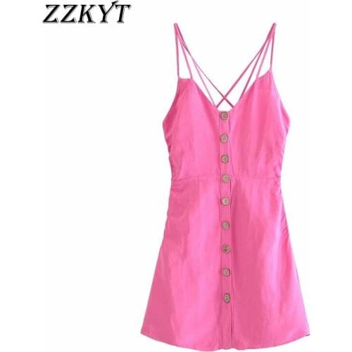 ZZKYT 2021 Women Summer Fashion Solid Button Mini Dress Vintage V-Neck Backless Tin Tie Straps Female Party Dresses Mujer