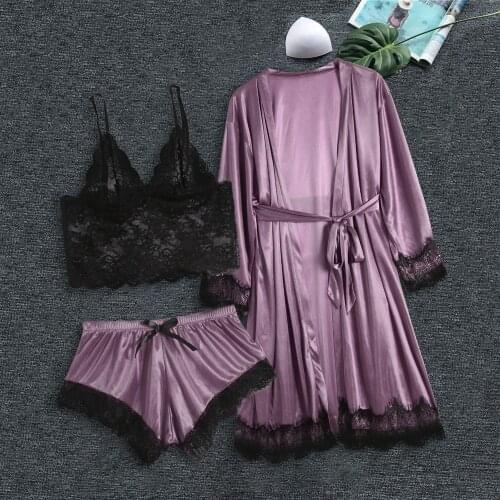 2021 Women Robe Sexy Lace Satin Lingerie Pajamas Nightwear Underwear Women Sleepwear Set Lady Sleepwear 3PC Suits pijama mujer