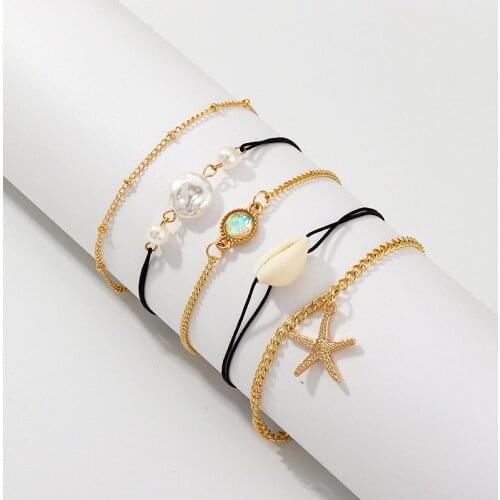 5 PCS/SET Fashion Gold Color Starfish Shell Chain Link Wrap Bracelet Holiday Casual Beach Simulation Pearl Bracelet Set Jewelry