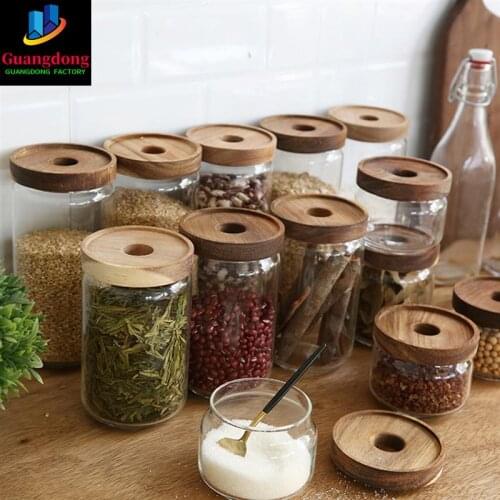 Wooden Lid Candy Jar High Borosilicate Transparent Glass Storage Box Tank Portable Food Grain Container Organizer