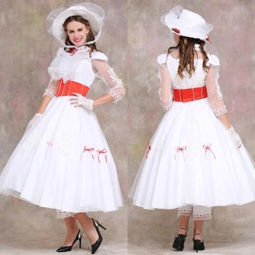 Movie Mary Role-playing White Princess Dress With Hat Halloween Christmas Cosplay Costume Adult Women Ball Gown