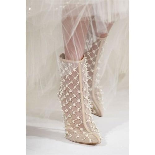 White Pearl Ankle Boots See Through Lace Mesh Pointed Toe String Bead Stiletto Heel Dress Shoes Fashion Zipper Party Runway Boot