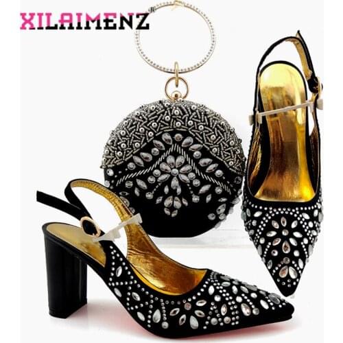 Black Color New Fashion Mature Italian Women Party Shoes And Bag Set For Party African Style High Heel Sandals And Bag Set