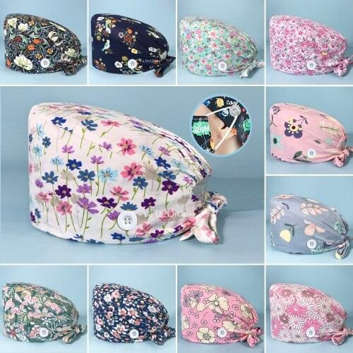 Floral printing scrubs caps buttons adjustable Multicolor Scrubs caps sweat-absorbent beauty salon work caps laboratory hats new