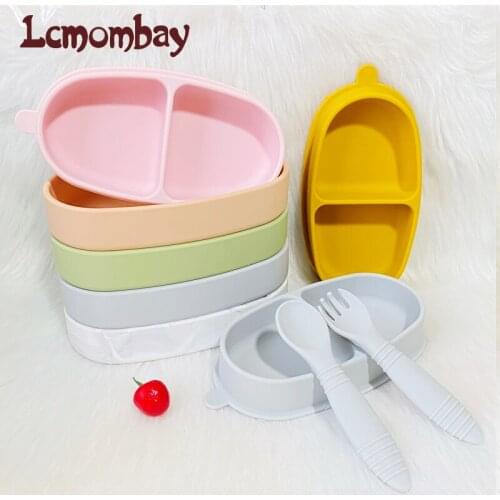 Baby Silicone Feeding Set Fork Spoon Two-sided Baby silicone plate Kids Bowl Food grade kids tableware