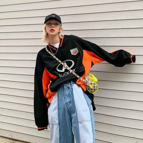 Long sleeve t-shirts mens 2021 early autumn new color contrast stitching fashion brand loose print V-neck top TEES