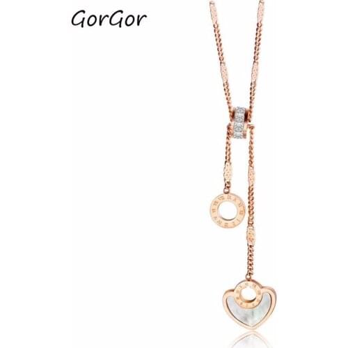 GorGor Korean New Style Rose-plated Gold Titanium Steel Heart-shaped White Shell Roman Circle Exquise Womens Necklace 1477