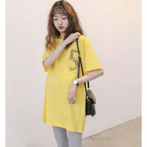 Maternity Cotton Letter pocket T-Shirt Solid Color Short Sleeve Dress Pregnancy Long TShirt Loose Fashion Pregnant Women Clothes