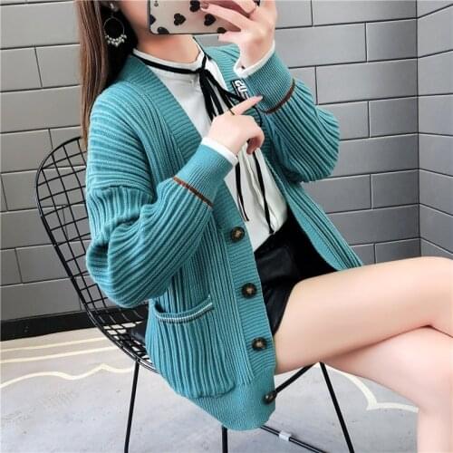 Knitted V-neck Cardigan Sweater Women Korean Fashion Loose Christmas Sweater Coats Plus Size Womens Jumper
