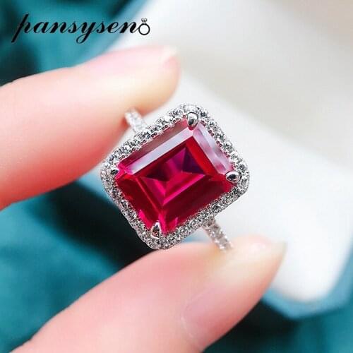 PANSYSEN Vintage 100% 925 Sterling Silver Ruby Emerald Gemstone Diamond Rings Female White Gold Color Anniversary Fine Jewelry