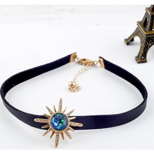 Unique Resin Crystal Star Flower Punk Black Imitation Leather Choker Necklaces For Women Gifts Fashion Jewelry Wholesale
