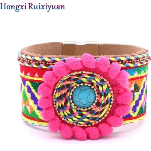 Leather Handmade Ethnic Bracelet Round Green Stone Weave Vintage Pattern Bohemian Bracelet Lady Magnetic Clasp Bracelet jewelry