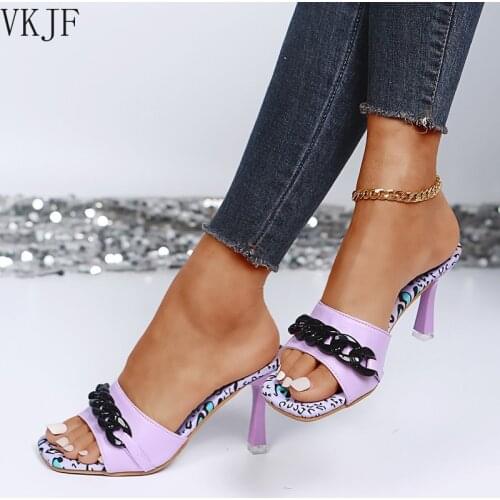 Summer Womens Elegant Slippers Fashion New Metal Chain Decoration High Heels Mules Sandals Stiletto Square Toe Ladies Shoes