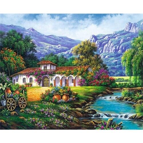 GATYZTORY 60x75cm DIY Painting By Numbers Mountain House Canvas Colouring HandPainted Oil Painting Artwork Home Decor Unique Gif