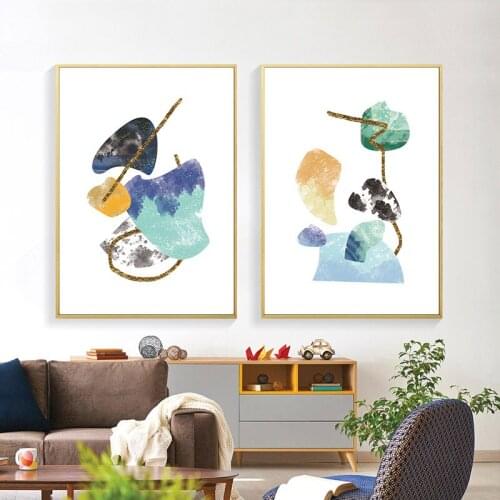 Modern Abstract Blue Pattern Connecting Golden Lines Print Canvas Painting Minimalism Poster Wall Art Picture Home Decoration