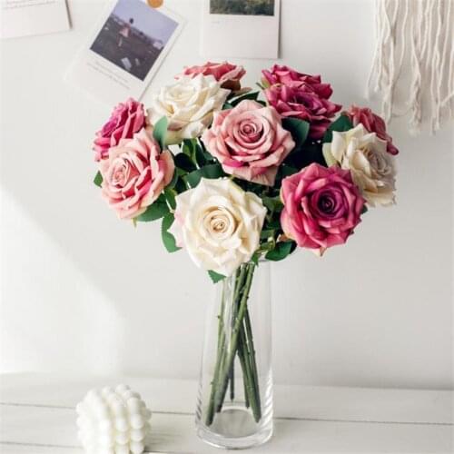 ONE Fake Single Stem Curling Rose 17.72" Length Simulation Oil Painting Camellia for Wedding Home Decorative Artificial Flowers