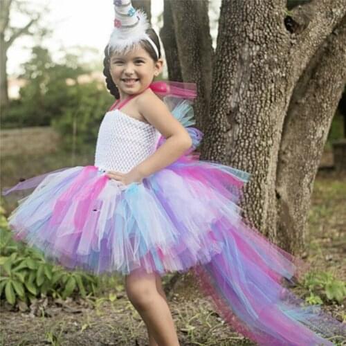 Girls Rainbow Unicorn Trailing Tutu Dress Kids Crochet Tulle Dress Ball Gown with Feather Hairbow Children Party Costume Dresses