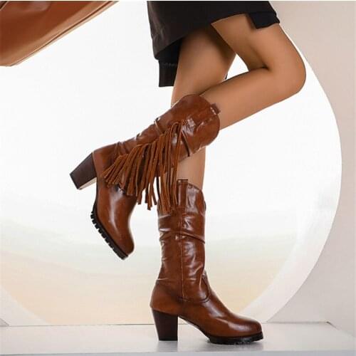 PXELENA Plus Size Vintage Ethnic Tassel Block Chunky High Heels Round Toe Gothic Punk Mid Calf Boots For Woman Combat Boots New