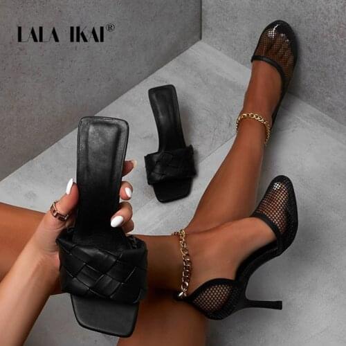 LALA IKAI Spring Summer 2020 Thick Heel Weave Sandals Square Head Women Large Size High-heeled Slippers Womens Shoes C10184-5